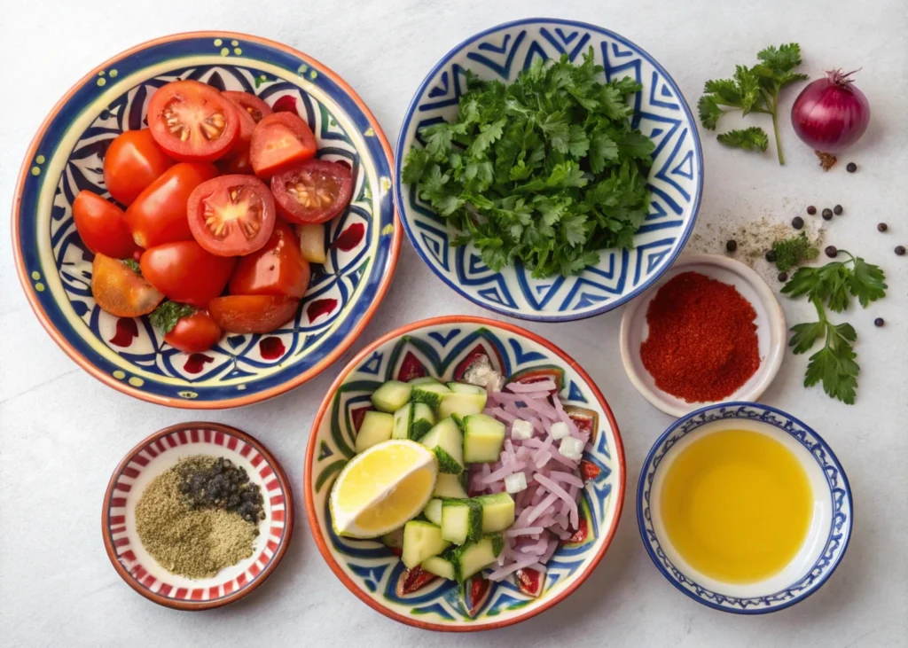 3 Easy Steps to prepare Moroccan Tomato and Cucumber Salad 3 Key ingredients for Moroccan tomato and cucumber salad arranged on a rustic wooden table.