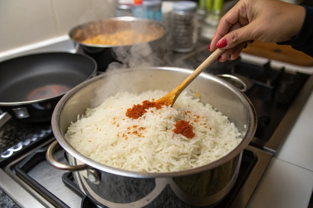 Moroccan Spiced Rice Authentic Recipe 3 pot with basmati rice and little of paprika sprink www.moroccaneats.com